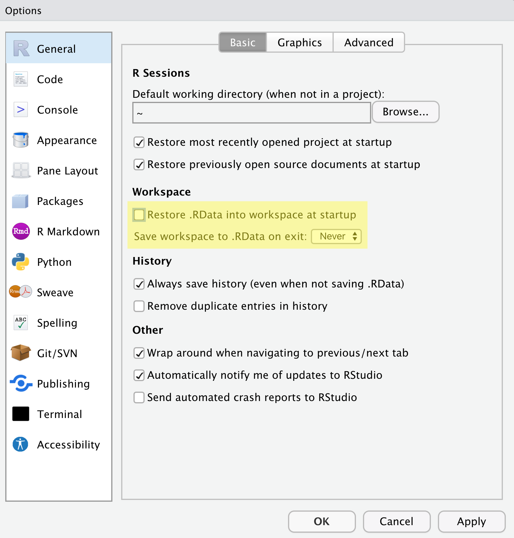 Set 'Save workspace to .RData on exit' to'Never'