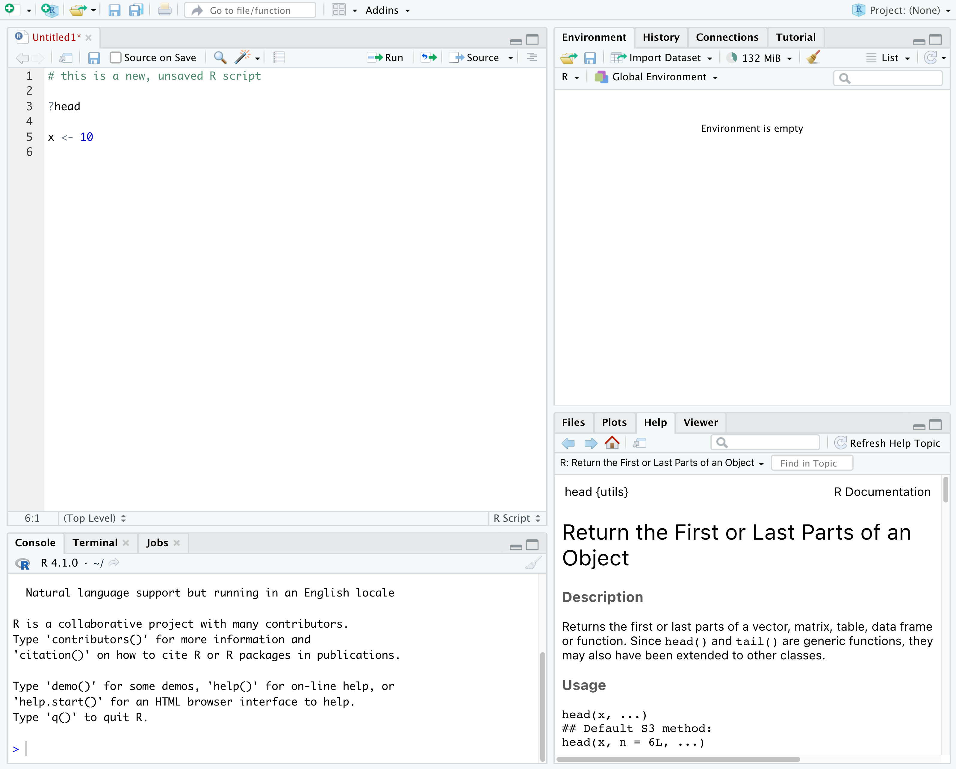 RStudio interface screenshot. Clockwise from top left: Source,Environment/History, Files/Plots/Packages/Help/Viewer,Console.