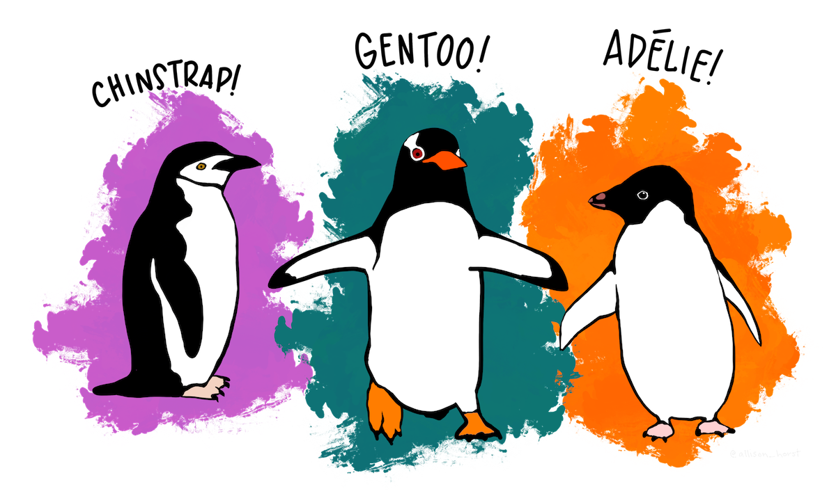 A cartoon-style drawing of chinstrap, gentoo and adélie penguins.