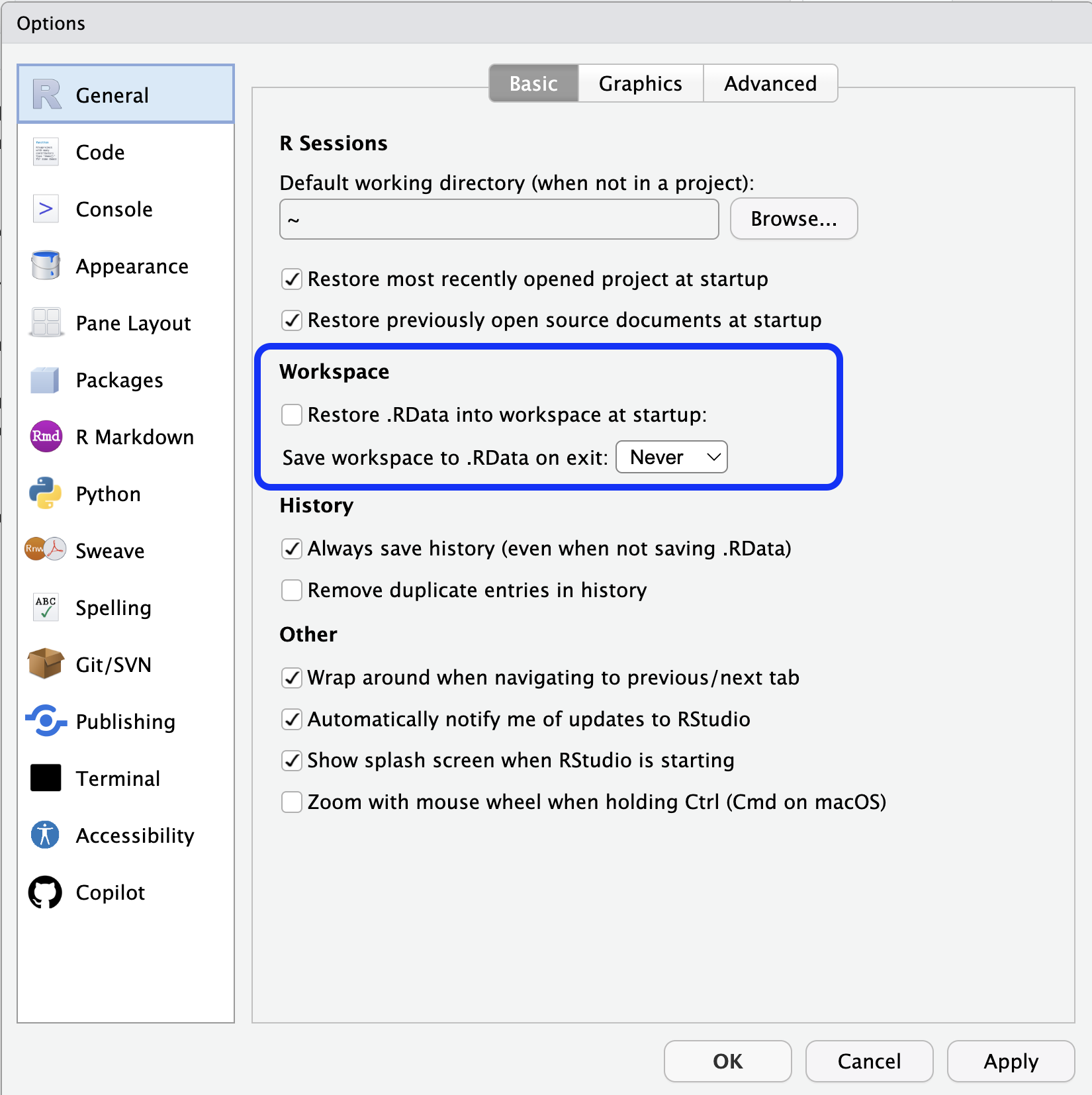 A screen shot of the Settings window for RStudio.