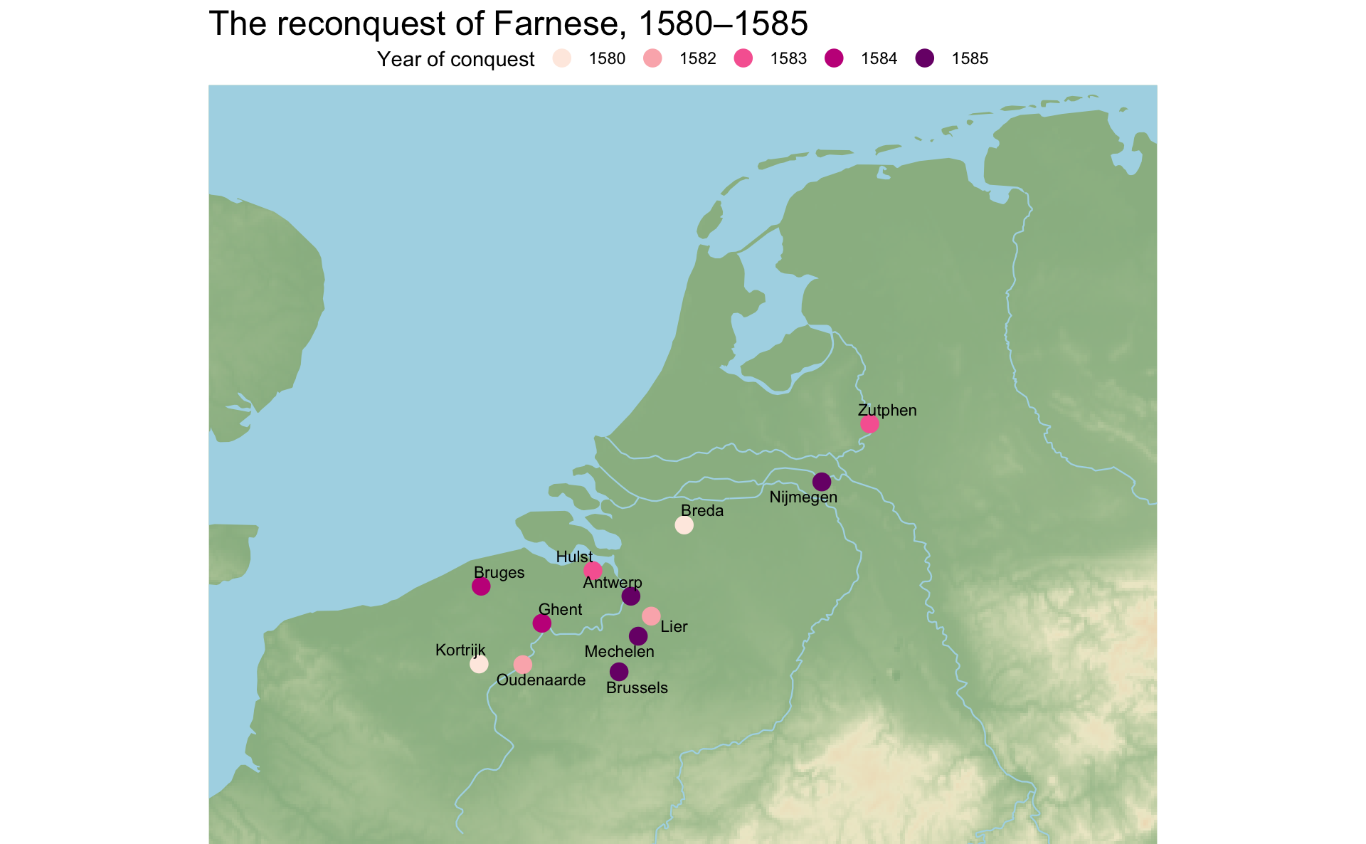 A map of the Low Countries showing the reconquest of Farnese with the towns captured between 1580 and 1585.