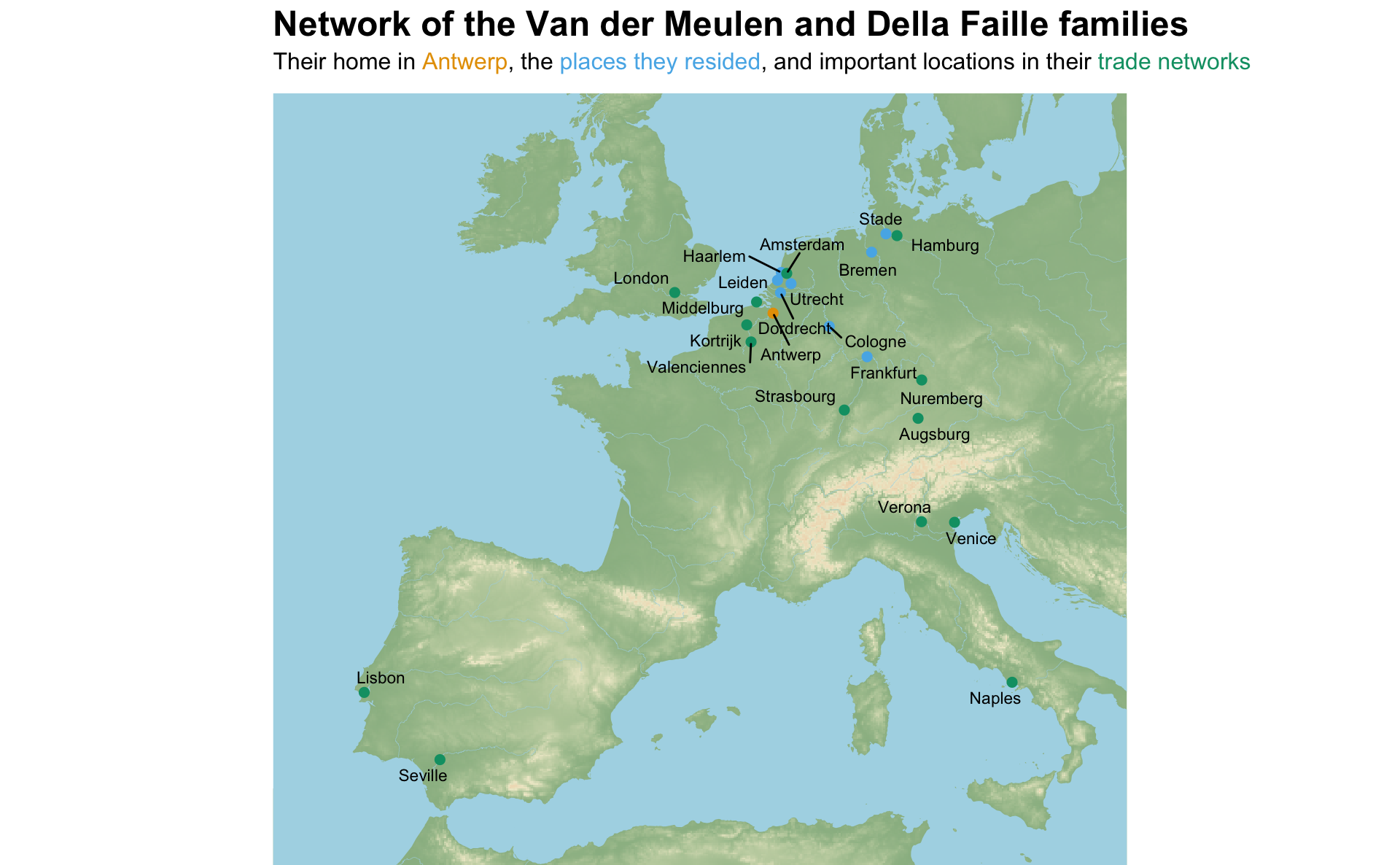 A map of western Europe with points representing the two families' home in Antwerp; their residences in Bremen, Cologne, Frankfurt, Stade, Utrecht, Leiden, Dordrecht, and Haarlem; and their main places of trade in London, Venice, Verona, Naples, Amsterdam, Middelburg, Hamburg, Strasbourg, Augsburg, Nuremberg, Seville, Lisbon, Kortrijk, and Valenciennes.
