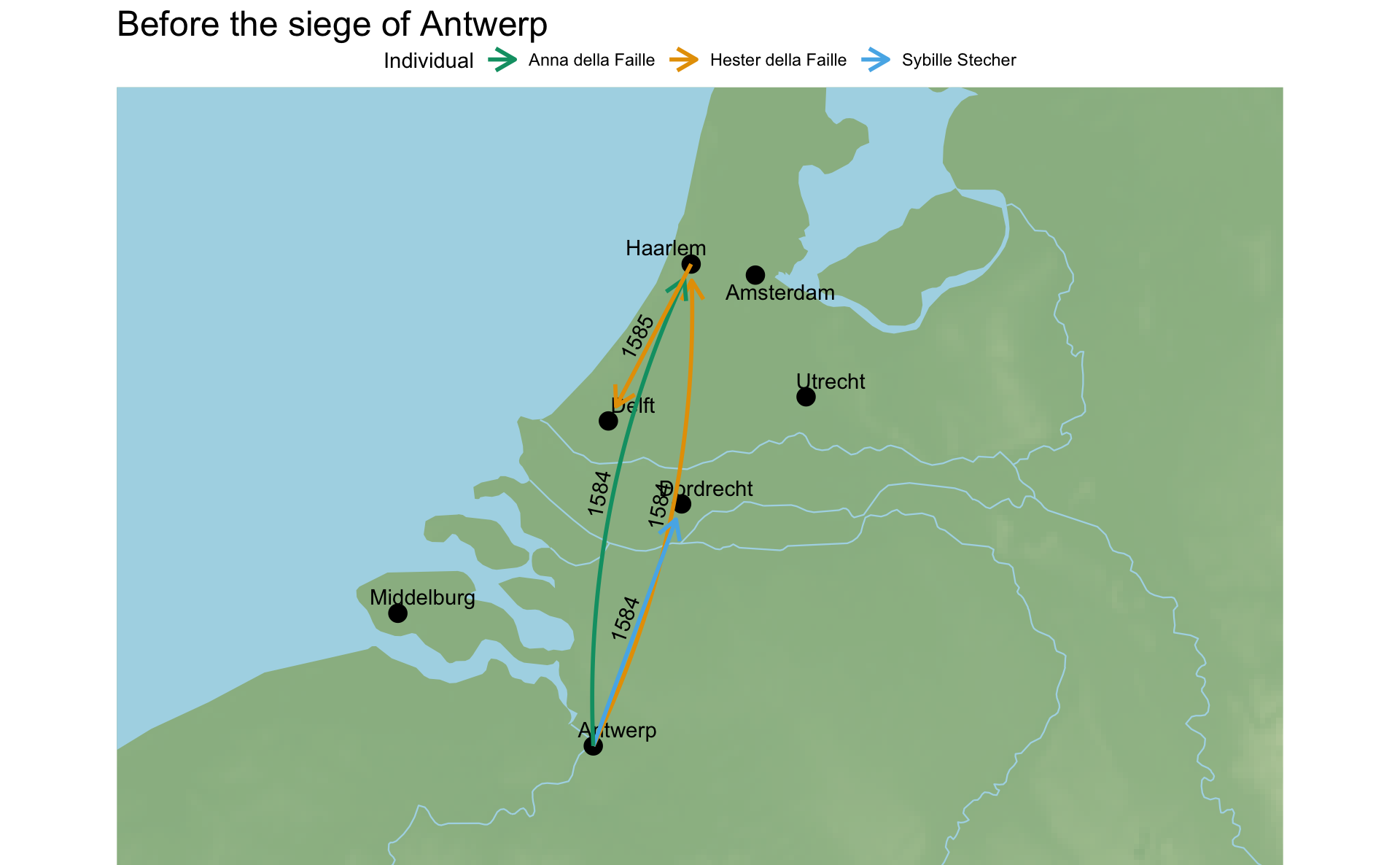 A map of the Low Countries showing the movement of individuals before the siege of Antwerp in 1585.