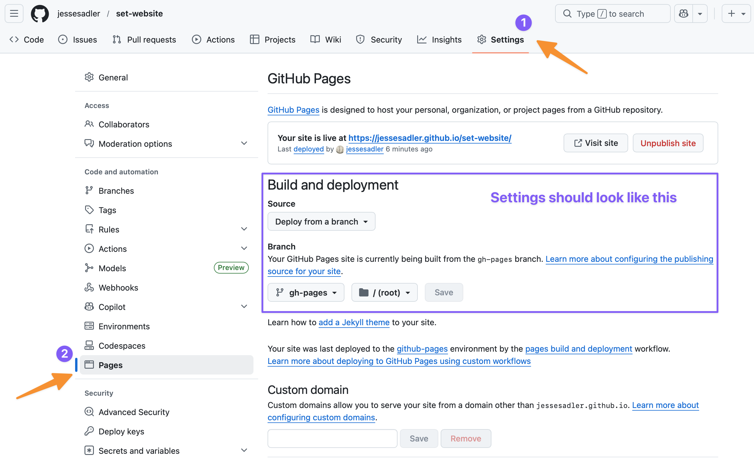 A screen shot of GitHub showing how to get to the GitHub Pages web page through Settings and Pages.