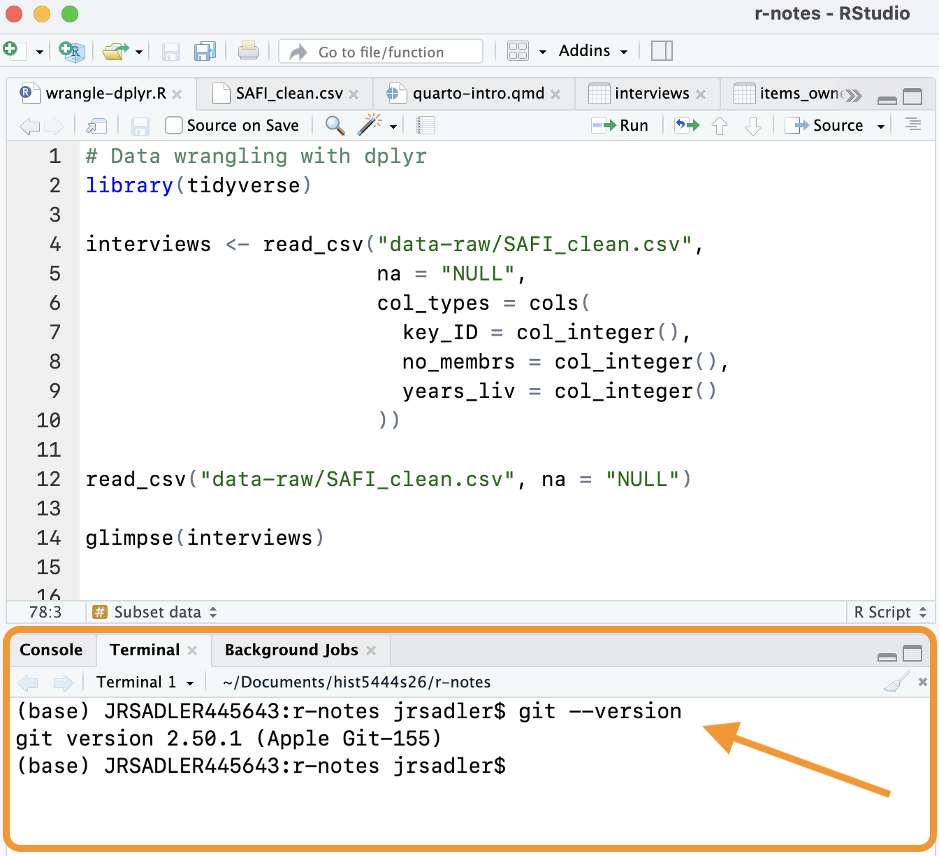 A screen shot of the RStudio terminal showing the command git --version and its output if git is installed on your computer.