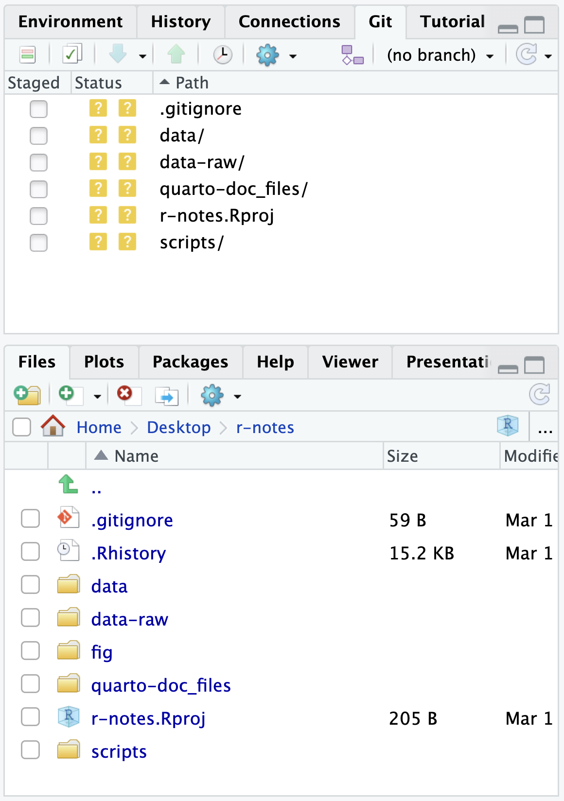 A screen shot of the RStudio Git and Files pane showing the state of things after initializing a project as a git repository.