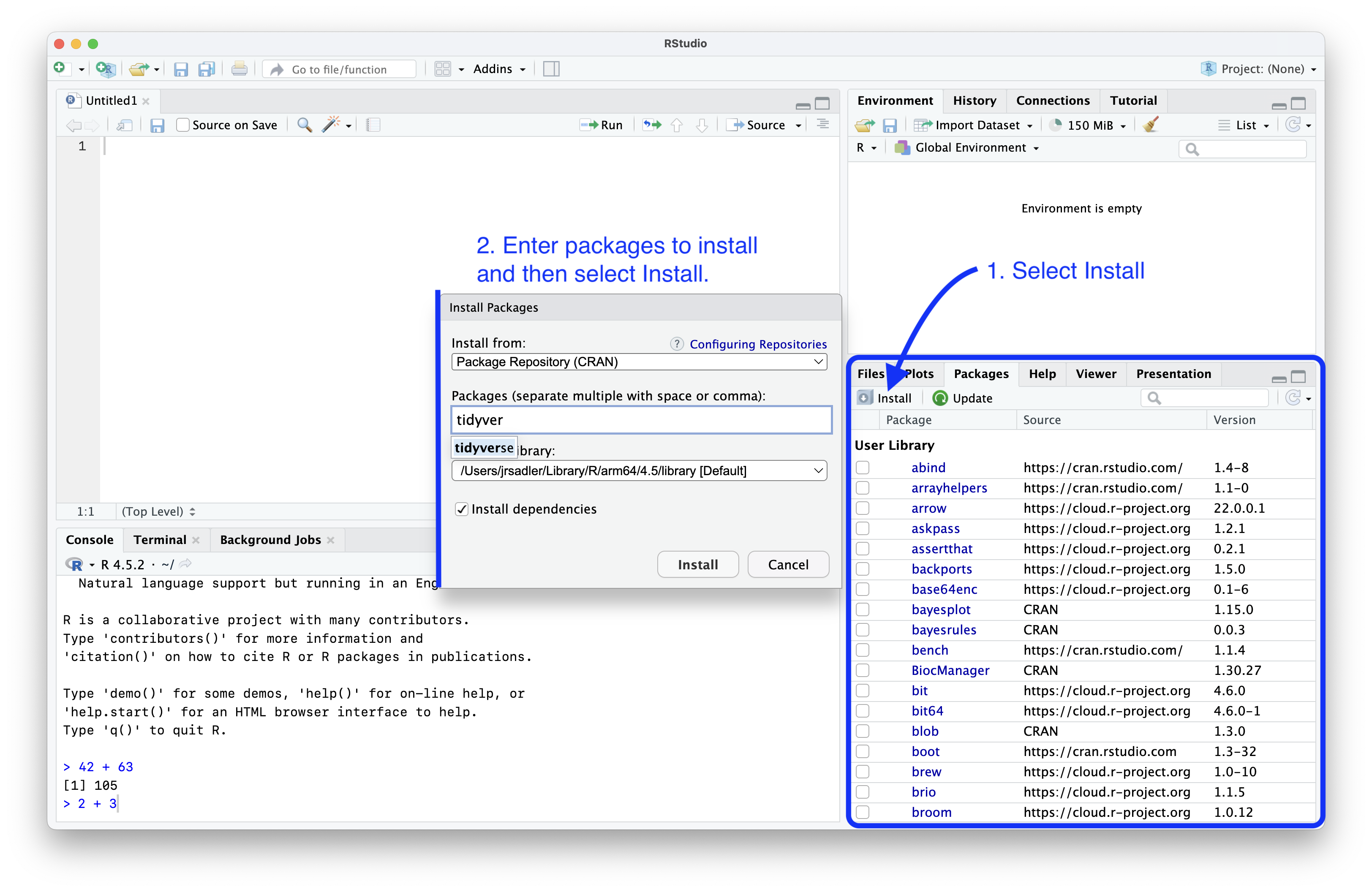 A screen shot of the RStudio application showing the process to install packages using the GUI interface.