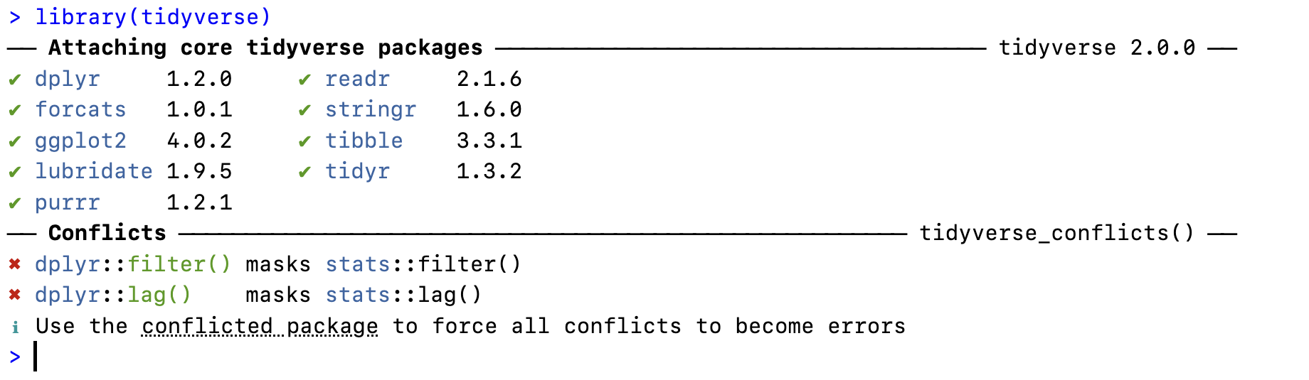 A screen shot of the output from loading the tidyverse, showing the packages loaded and functions that conflict with those from other packages.