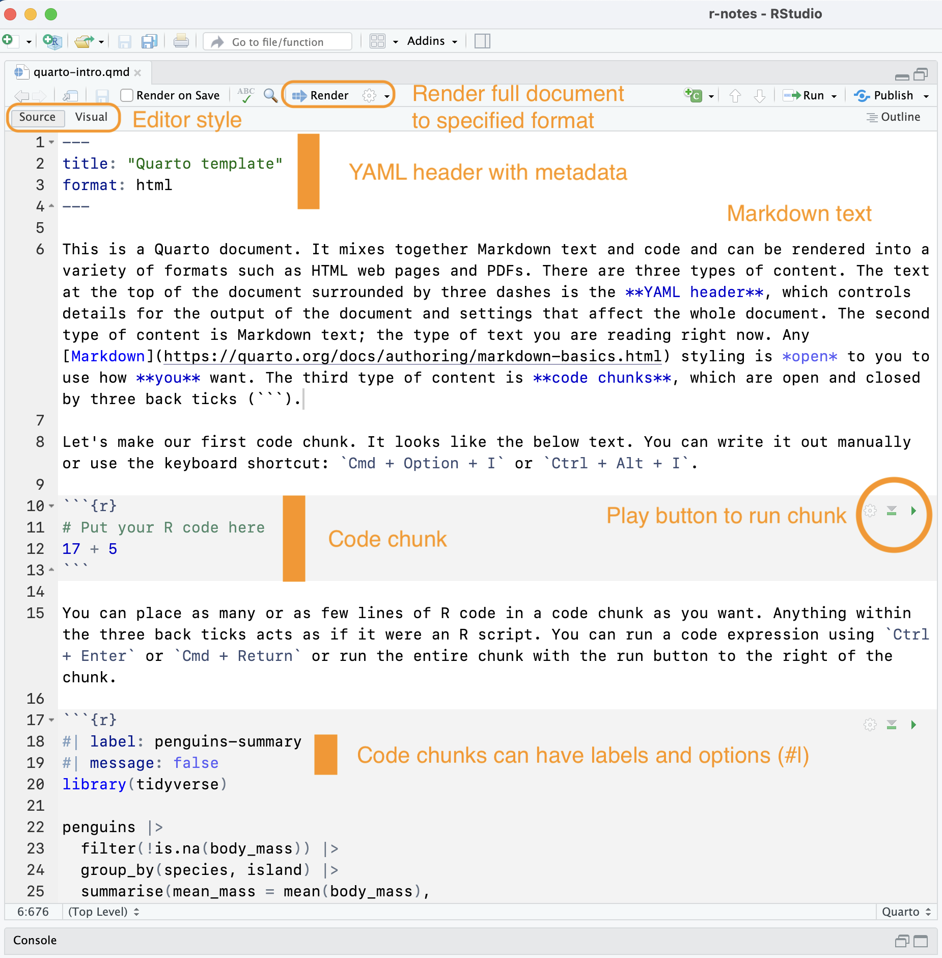 A screen shot of a Quarto document in RStudio showing the three main components of a YAML header, markdown content, and code chunks.