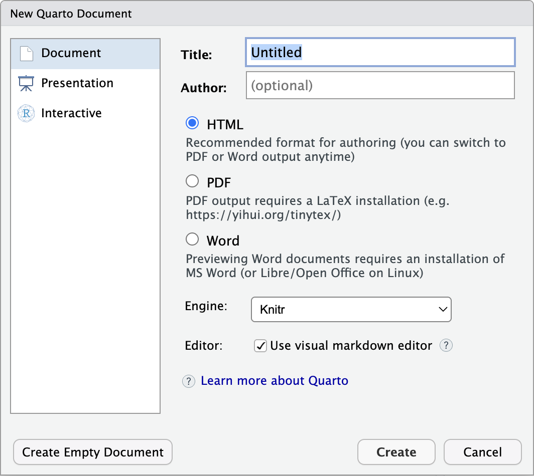 A screenshot of the new Quarto Document dialogue in RStudio.