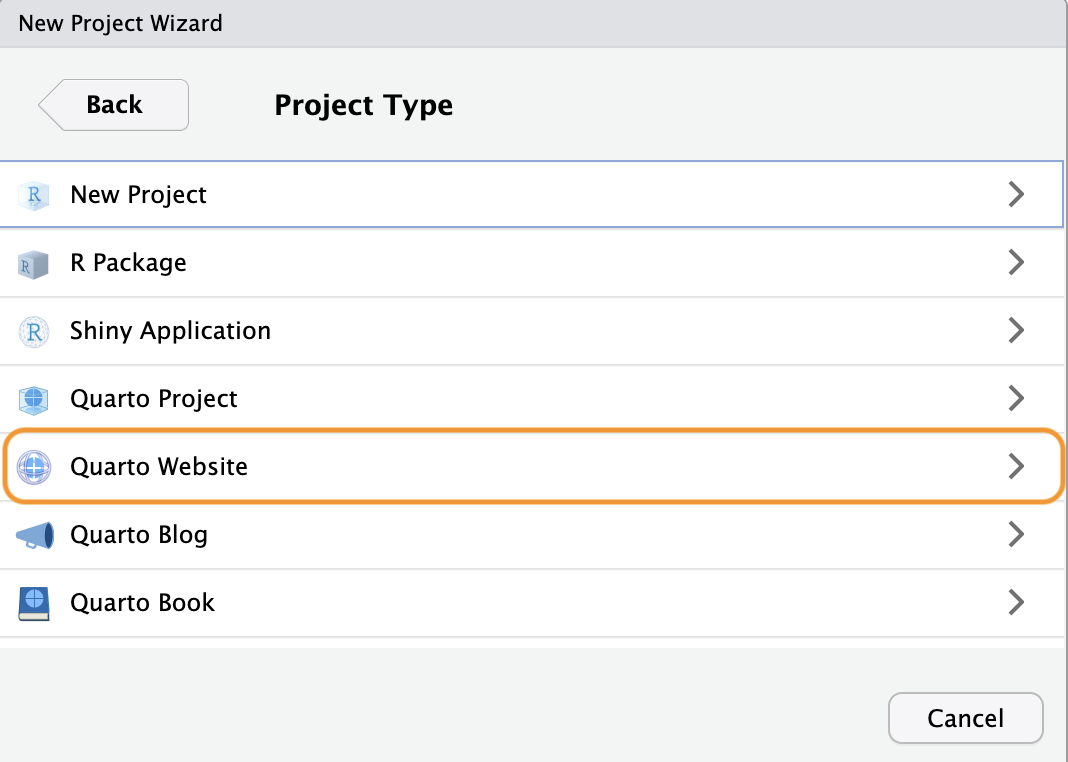 A screen shot of the RStudio new project wizard with an orange box highlighting the selection of Quarto website as the type of project.