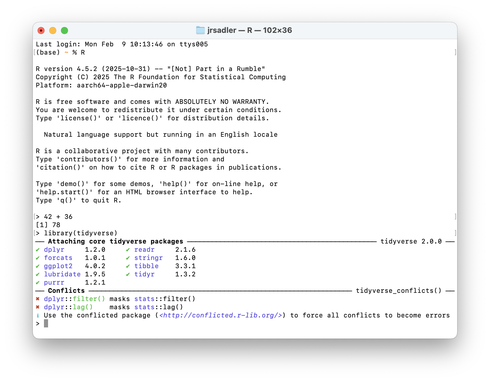 A screen shot of R running in the Terminal application.
