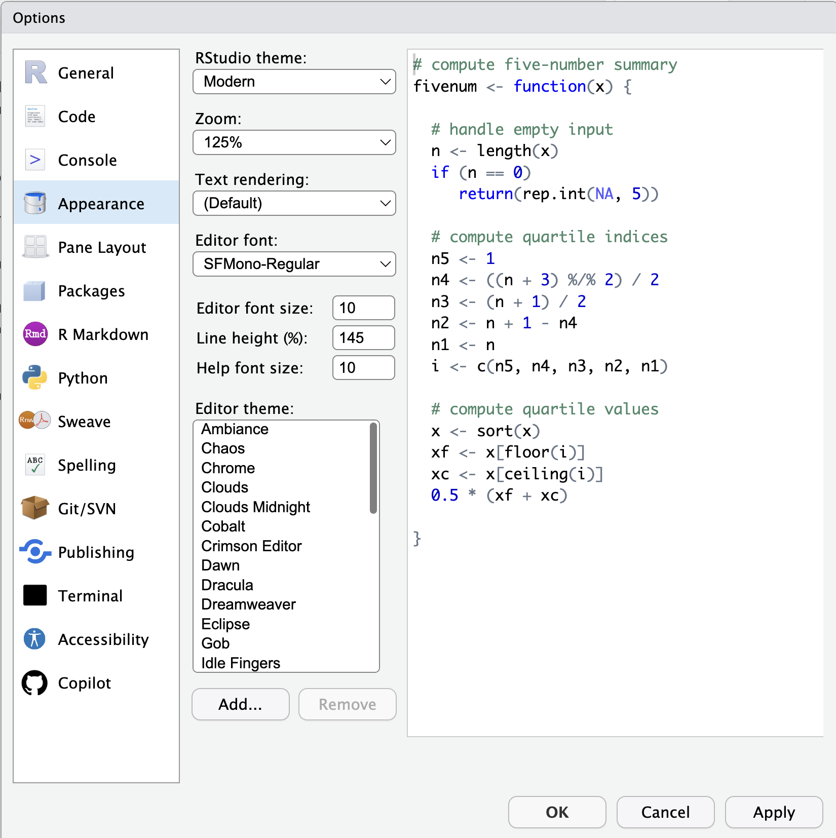 A screen shot of the RStudio Appearance settings.