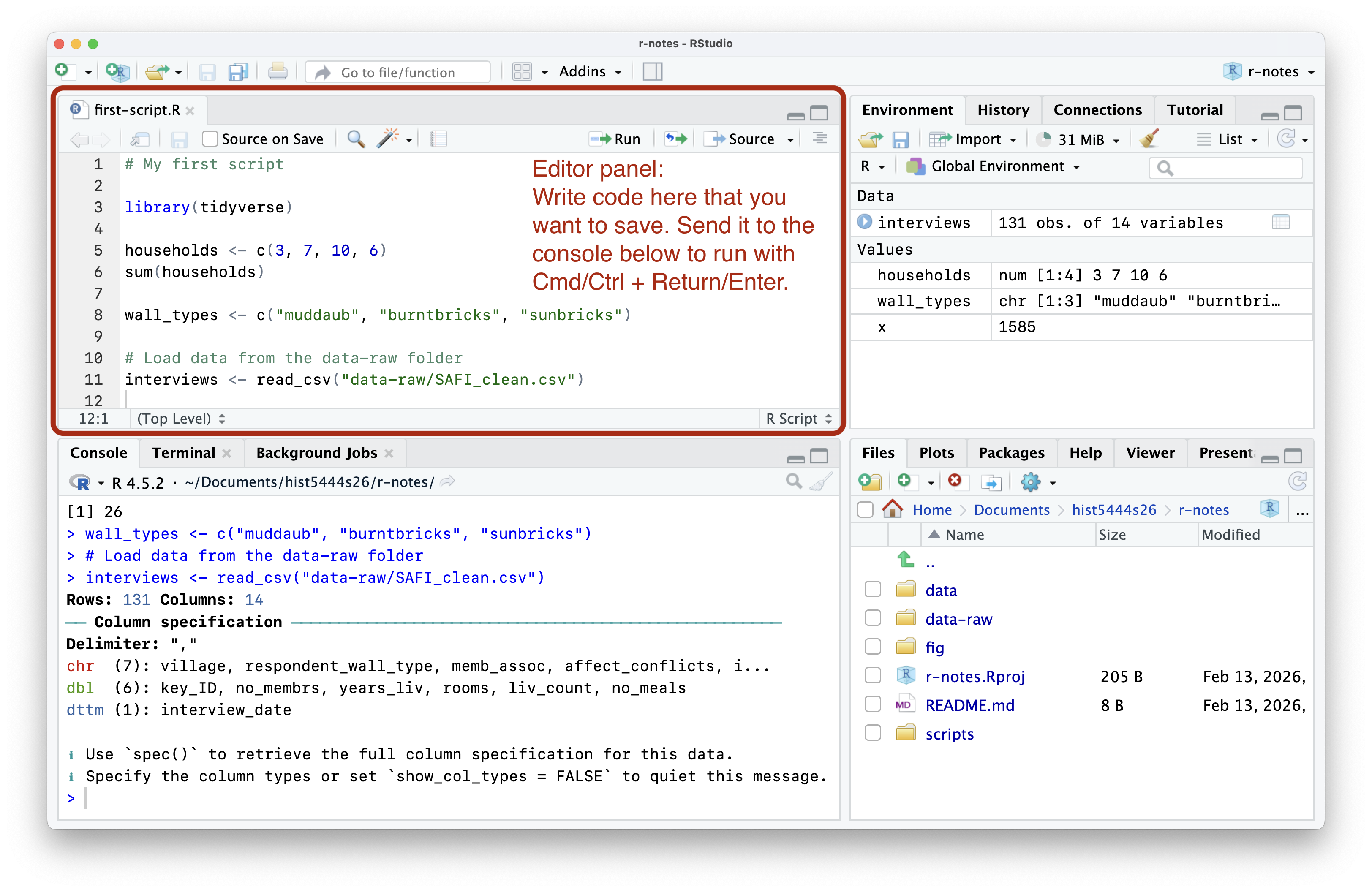 A screen shot of the RStudio application with four panels.