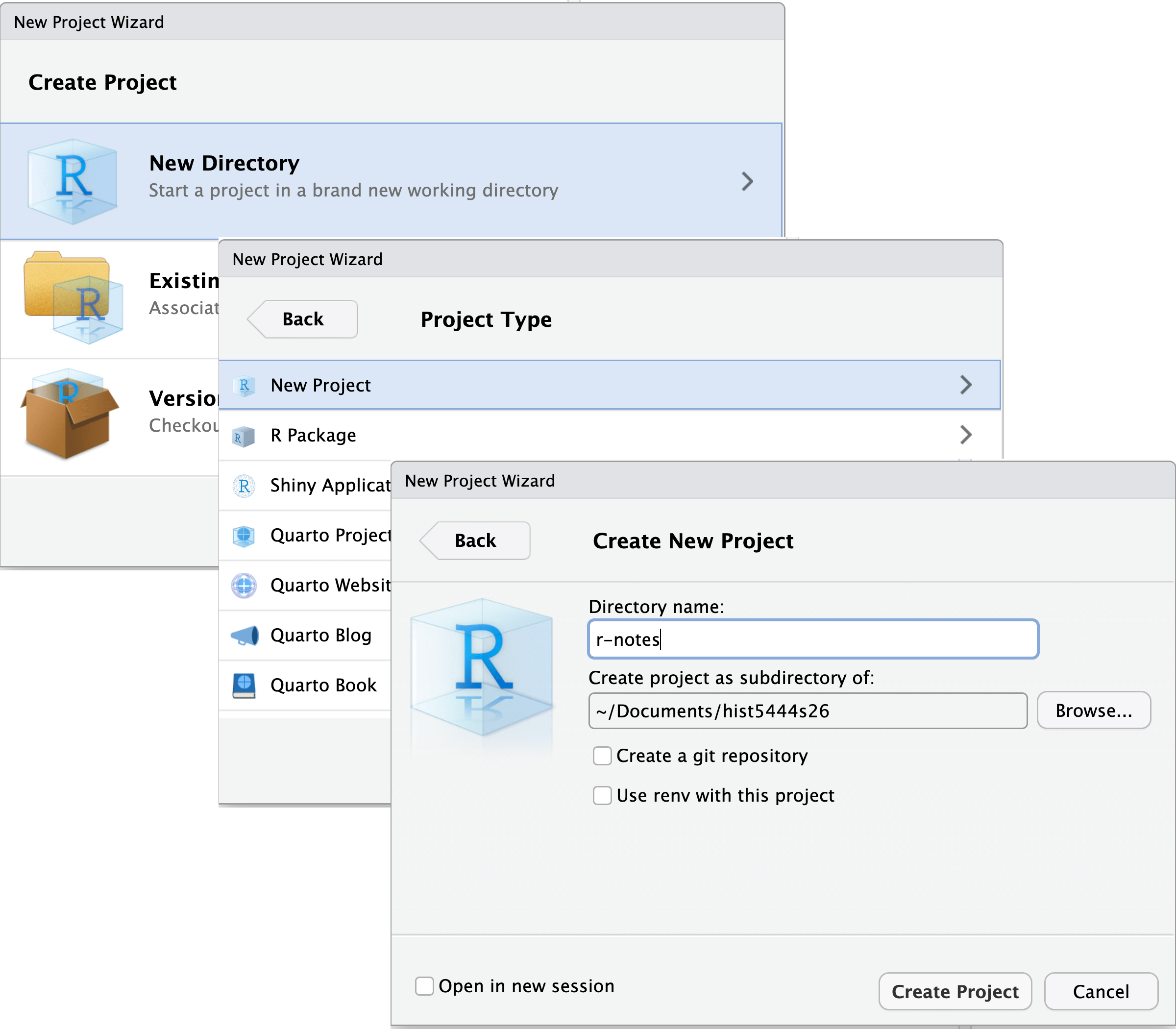 A screen shot of the three dialogue windows in the RStudio project wizard interface.
