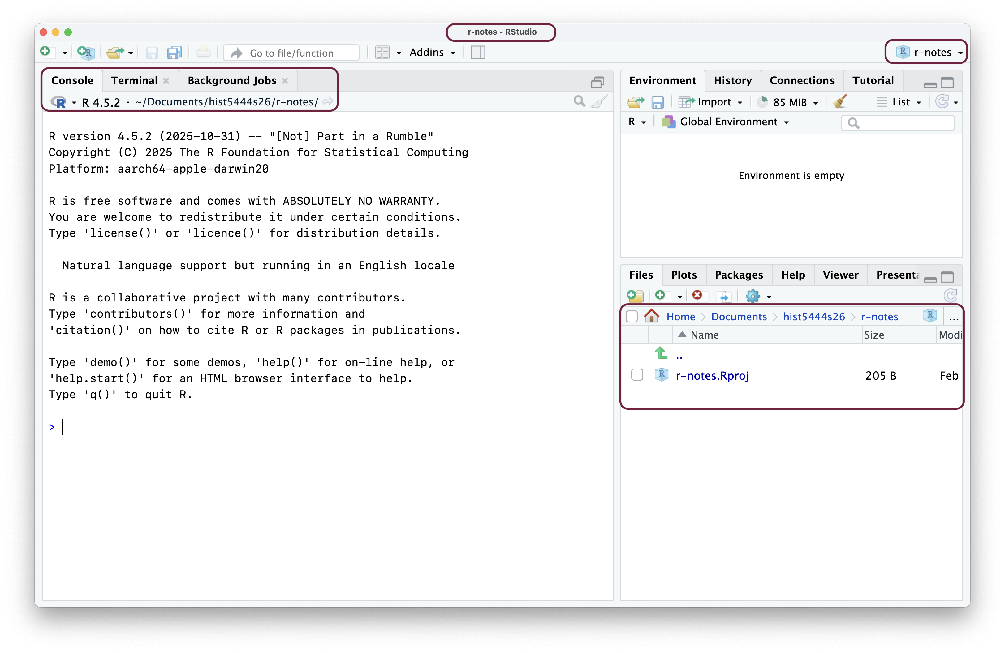 A screen shot of the RStudio application with three panels. The four locations where you can see the current project are highlighted in maroon.