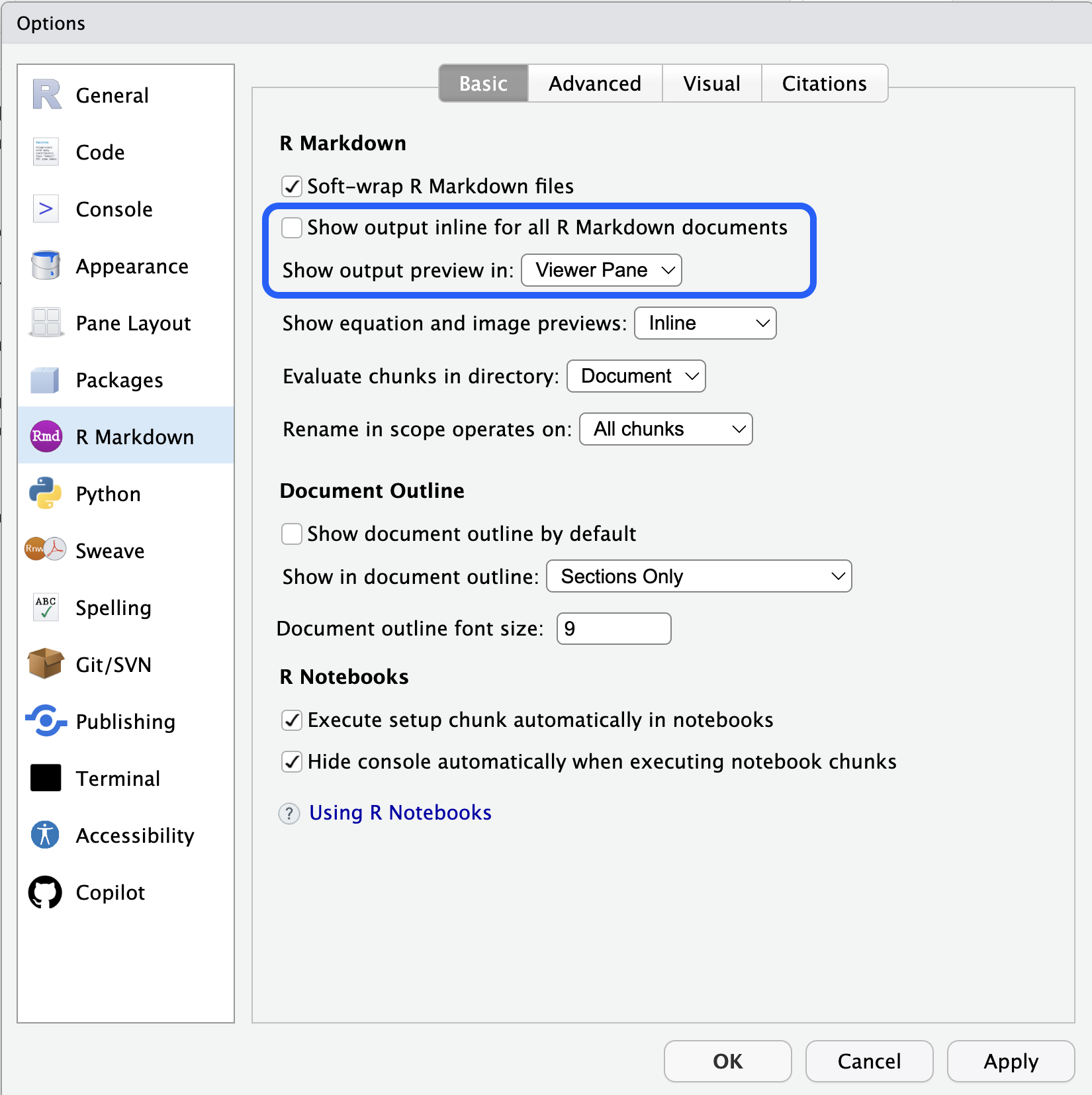 A screen shot of the RStudio R Markdown settings.