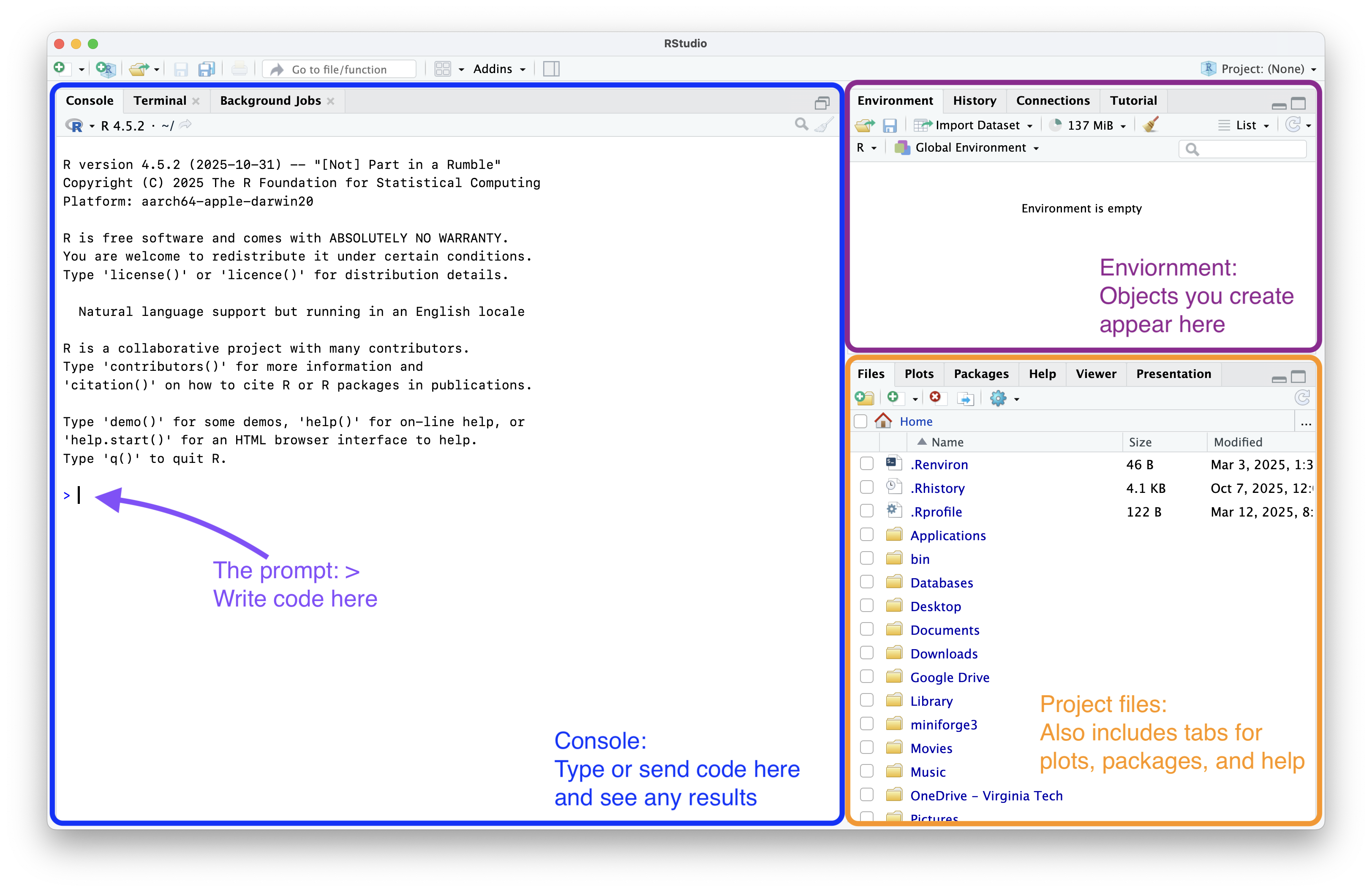 A screen shot of the RStudio application with three panels.