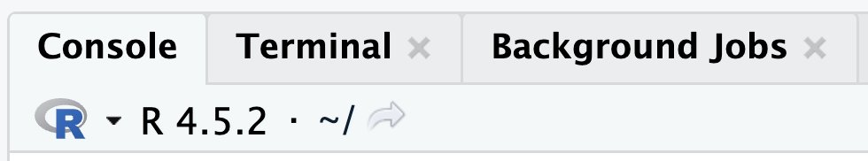 A screen shot of the top of the console in RStudio that shows the current working directory.