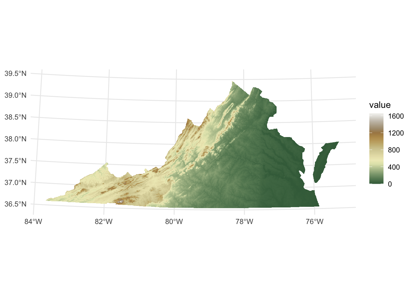 A map of the elevation of Virginia.