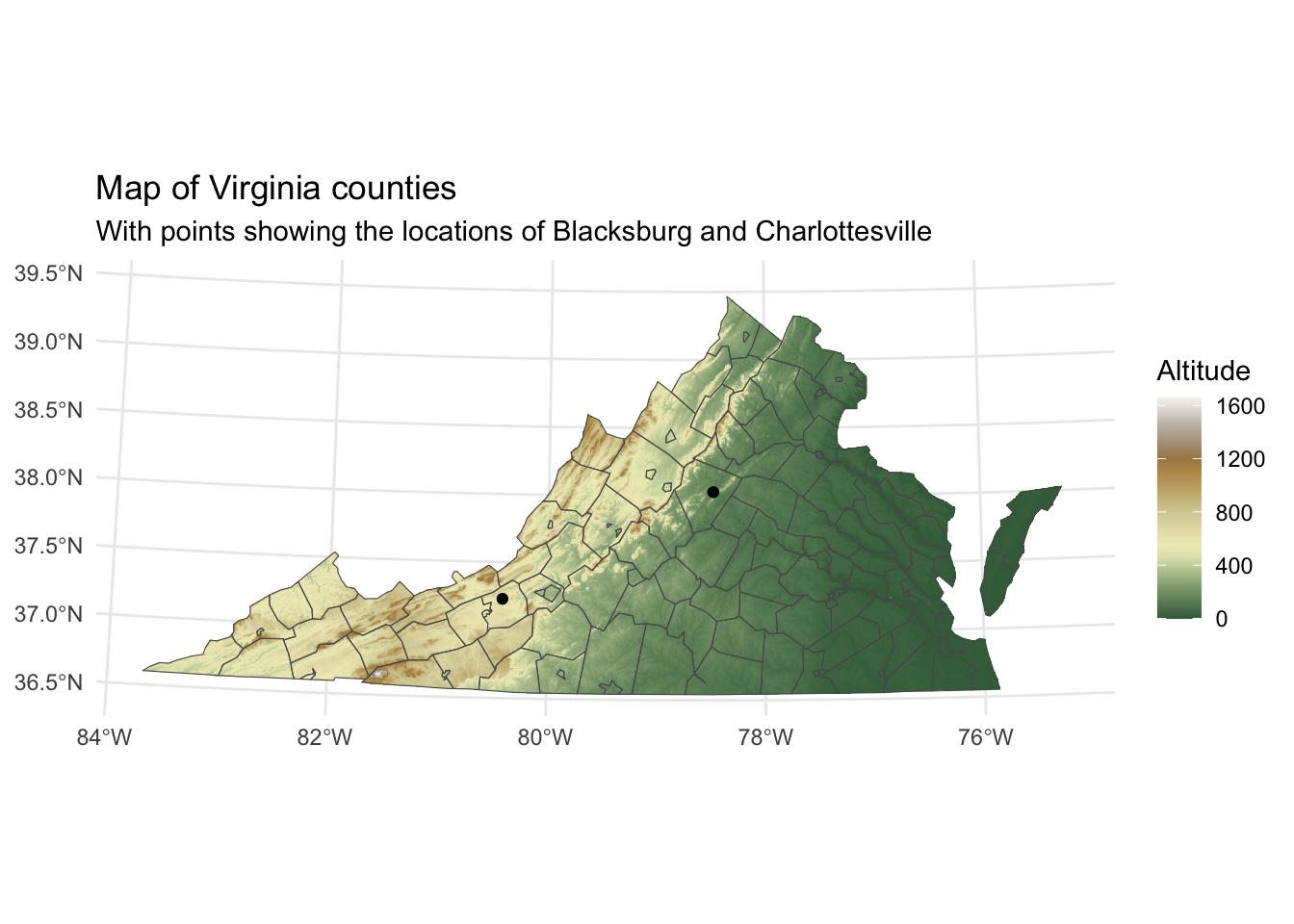 A map of Virginia counties with black points at Blacksburg and Charlottesville.
