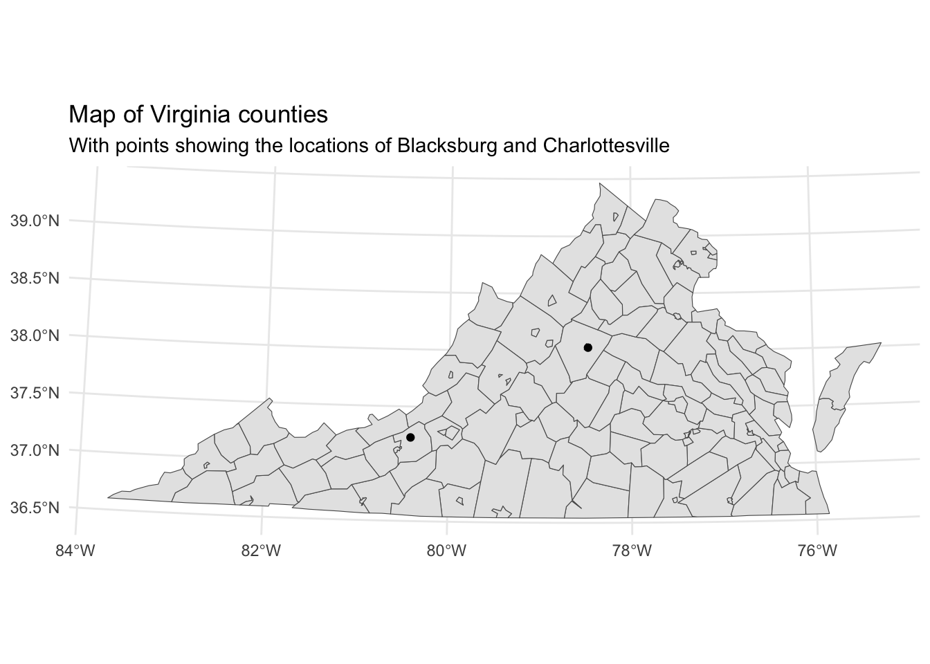 A map of Virginia counties with black points at Blacksburg and Charlottesville.